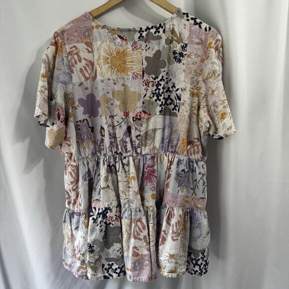 Arula Womens Top size X Floral Gray Boho Tiered Short Sleeve Blouse Hippie Art - Picture 7 of 9